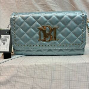 Badgley Mischka Metallic Light Blue Quilted Crossbody with Gold Logo